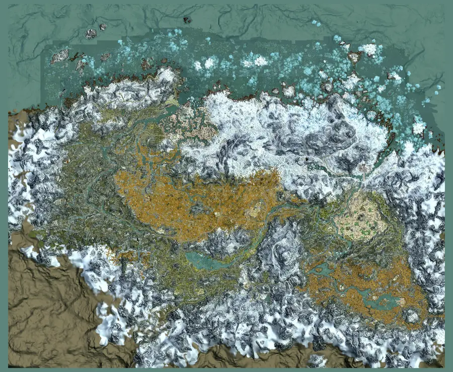 Printable top-down Skyrim map poster showing all nine holds, the roads between cities and the northern coast